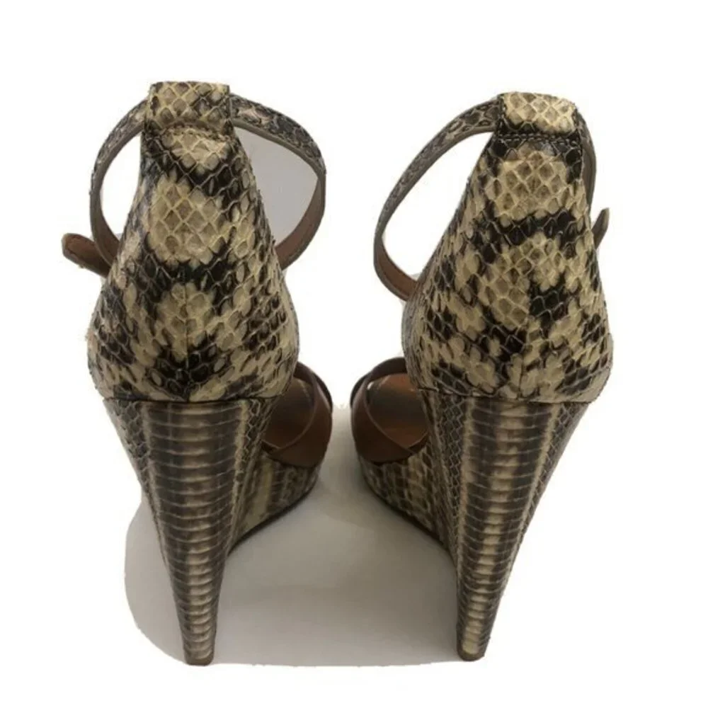 Tory Burch Wedge Heels Shoes 10M Sandal Platform Leather Camel Snake Skin.